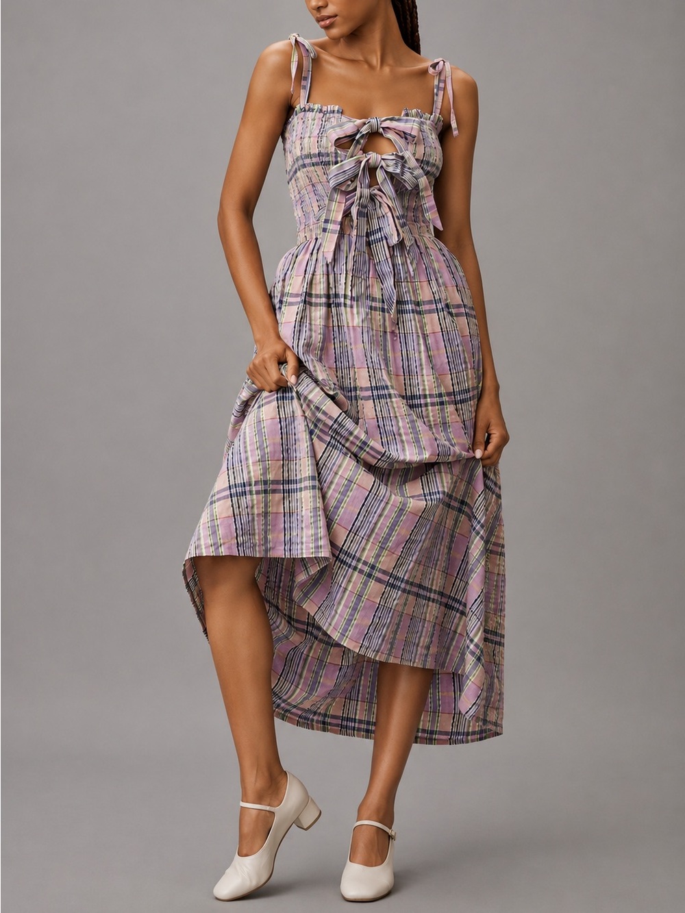 Anthropologie Damson Madder Hettie Seersucker Midi Dress Size 6 Plaid‎ Purple
